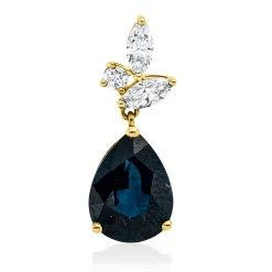 Anhänger aus 750 Gelbgold Saphir 1,51ct blau 3 Diamanten 0,14ct 16,5x6mm