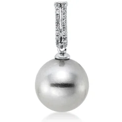 Anhänger aus 750 Weißgold Tahiti-Perle 10mm silbergrau 18 Brillanten 0,05ct W-SI