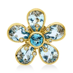 Anhänger Blume aus 750 Gelbgold 6 Topase 4,6ct skyblue 8 Brillanten 0,04ct TW-SI