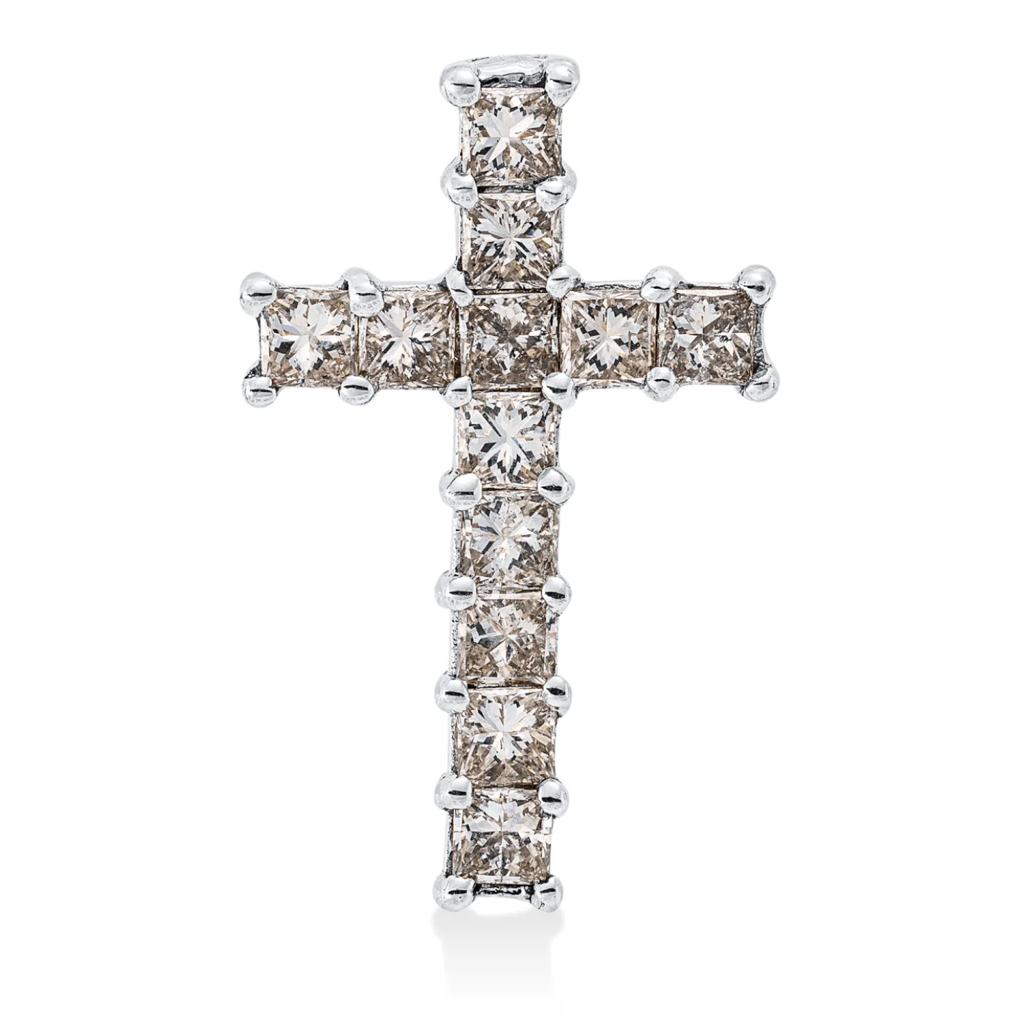 Anhänger Kreuz aus 750 Weißgold 12 Diamanten Prinzess-Schliff 1,31ct braun