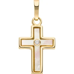 Anhänger Kreuz 15,7x9,8mm aus 375 Gelbgold mit Diamant-Brillant und Perlmutt
