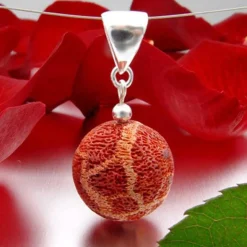 Anhänger Kugel Natur-Koralle mit Poren & Maserung 925 Silber rot-orange Ø16mm