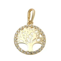 Anhänger 11mm Lebensbaum rund glänzend mit weißen Zirkonia 375 Gold Gelbgold