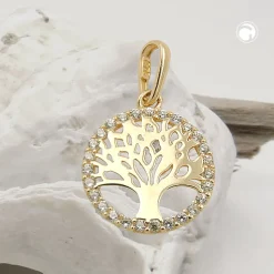 Anhänger 11mm Lebensbaum rund glänzend mit weißen Zirkonia 375 Gold Gelbgold