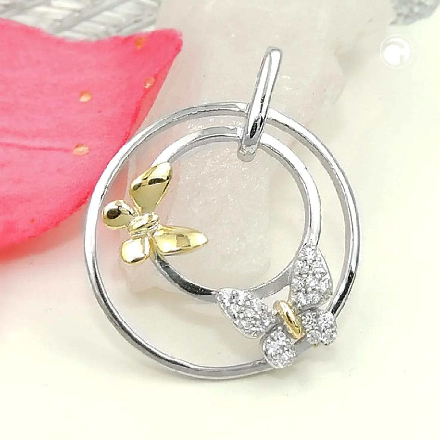 Anhänger 24mm 2 Schmetterlinge weiße Zirkonia 925 Silber bicolor vergoldet