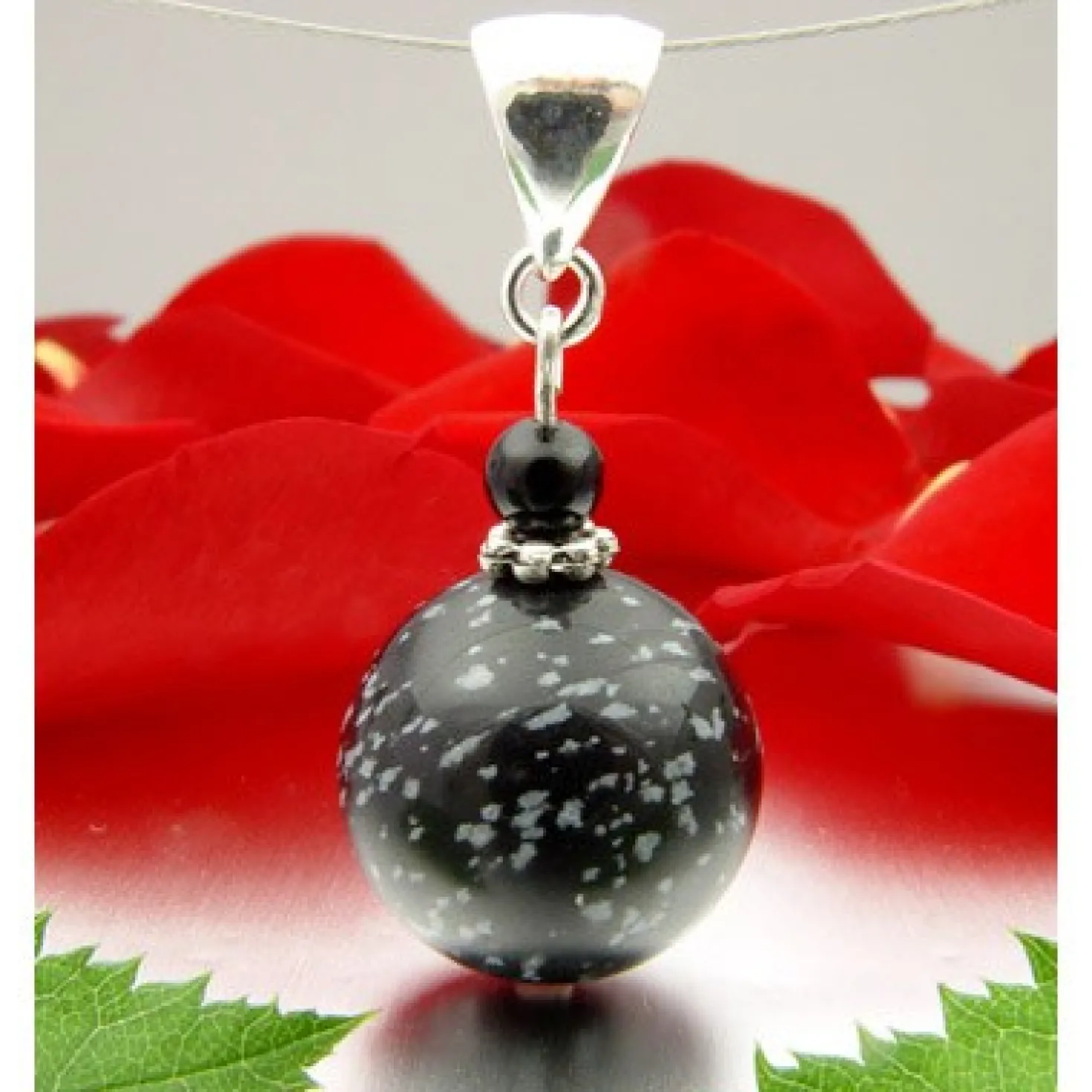 Anhänger, Schneeflockenobsidian & Onyx, 925 Silber, grau-schwarz gefleckt