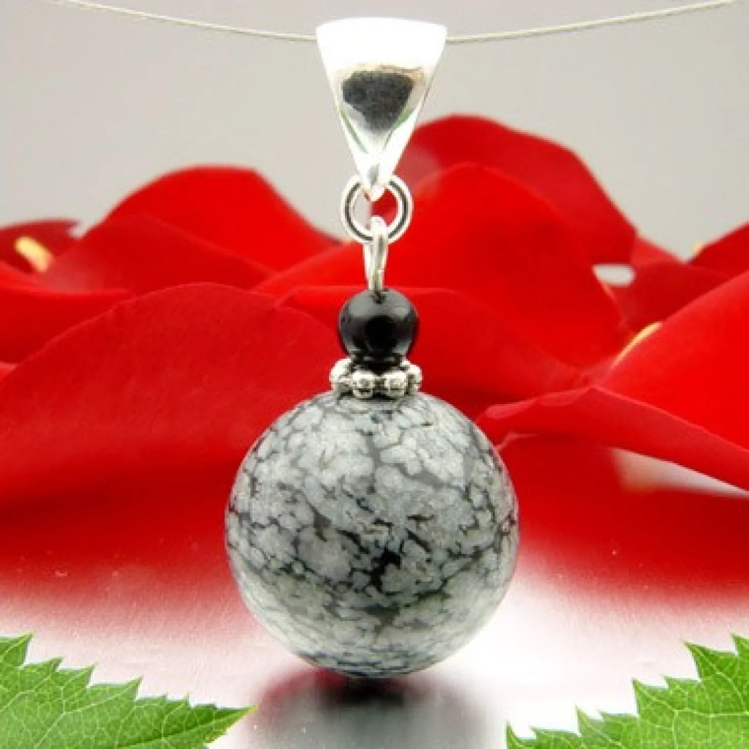 Anhänger, Schneeflockenobsidian & Onyx, 925 Silber, grau-schwarz gefleckt