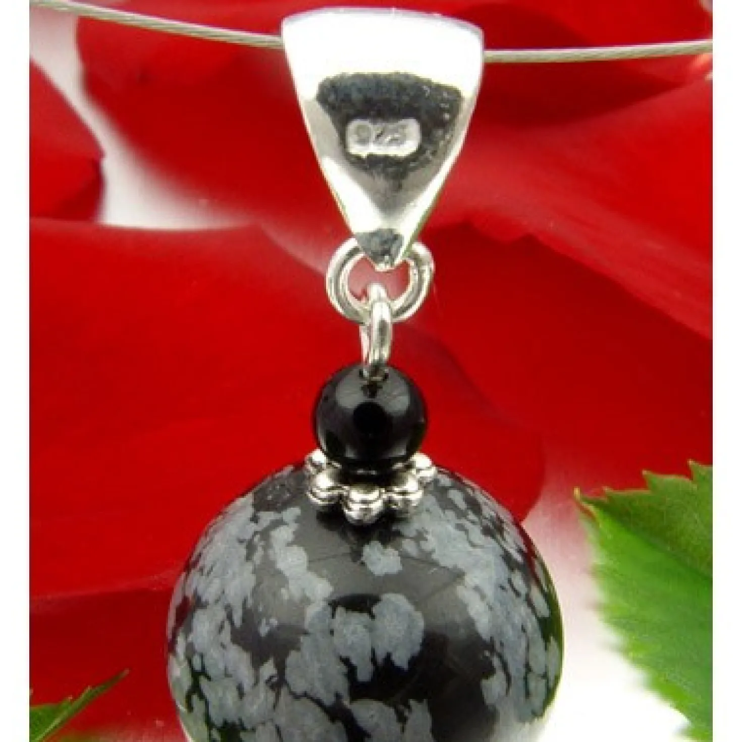 Anhänger, Schneeflockenobsidian & Onyx, 925 Silber, grau-schwarz gefleckt