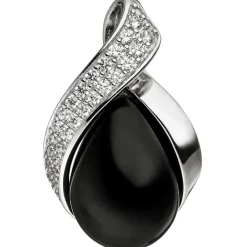 Anhänger schwarzer Onyx in Tropfenform Öse Möbius Blatt Zirkonia 925 Silber