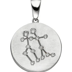Anhänger Sternzeichen Zwilling 15 Zirkonia 925 Silber mattiert rund Halsschmuck