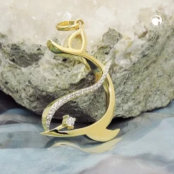 Anhänger stilisierter Delfin 25x20mm mit Zirkonia 375 Gold Gelbgold glänzend
