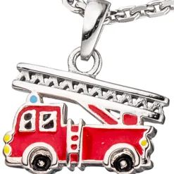 Anhänger 13,6x11,1mm Feuerwehrauto rot Feuerwehr Leiterwagen 925 Silber Kinder