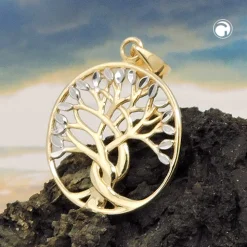 Anhänger 17x16mm Halsschmuck Lebensbaum mit weißen Blättern 375 Gold Gelbgold
