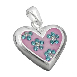 Anhänger 19x19mm Herz mit Zirkonia 925 Silber rosa mit hellblauen Blüten Damen