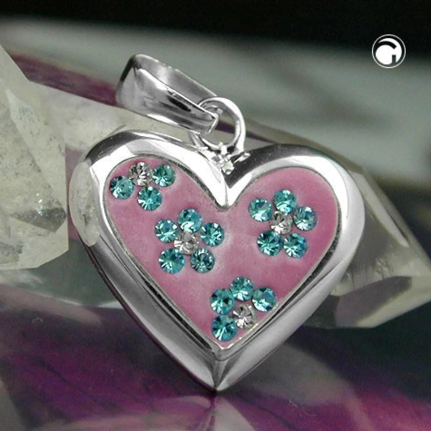 Anhänger 19x19mm Herz mit Zirkonia 925 Silber rosa mit hellblauen Blüten Damen