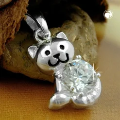 Anhänger 15x10mm Katze mit weiß Zirkonia facettiert 925 Echt Silber Kinder