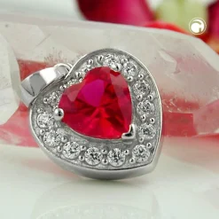 Anhänger 14x13mm Kettenanhänger Herz mit Zirkonia rot 925 Silber für Damen