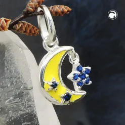 Anhänger 11x11mm Kinder gelbes Mond mit Sternchen aus blauen Zirkonia 925 Silber