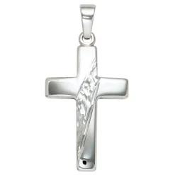 Anhänger 13,9x23,6mm Kreuz 925 Silber massiv rhodiniert teilgehämmert