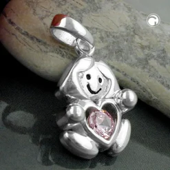 Anhänger 15x10mm Mädchen mit Herz pink Zirkonia 925 Echt Silber Kinder