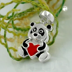 Anhänger 13x9,5mm Panda Bär mit Herz farbig lackiert 925 Silber für Kinder