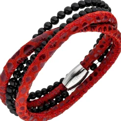Armband Armschmuck aus Leder rot mit Onyx Kugeln & Edelstahl 19cm Lederarmband