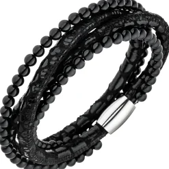 Armband Armschmuck aus Leder schwarz mit Onyx Kugeln & Edelstahl 19cm