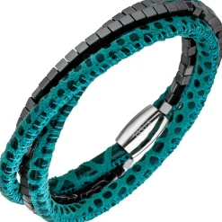 Armband Armschmuck aus Leder türkis mit Hämatit Würfeln & Edelstahl 19cm