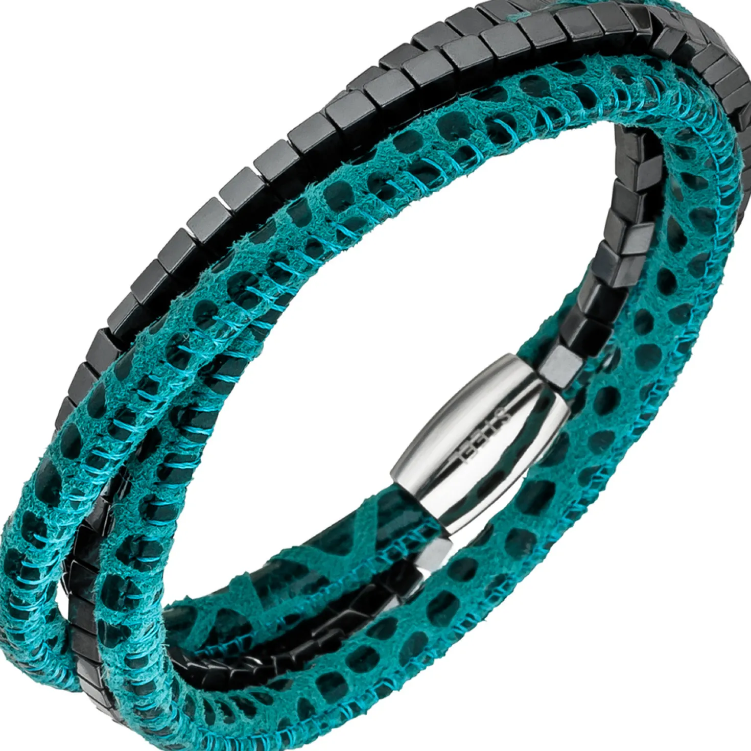 Armband Armschmuck aus Leder türkis mit Hämatit Würfeln & Edelstahl 19cm
