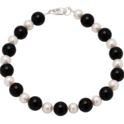 Armband Armschmuck aus Onyx & Süßwasserperlen & 925 Silber, schwarz-weiß