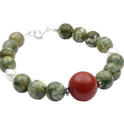 Armband Armschmuck aus Rhyolith Rot-Jaspis Perlen 925 Silber grün braun