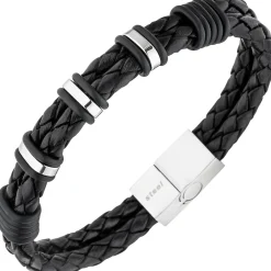 Armband Armschmuck für Herren 2-reihig Leder schwarz mit Edelstahl 21cm