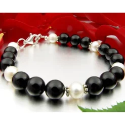 Armband aus echtem Onyx & Perlen & 925er Silber