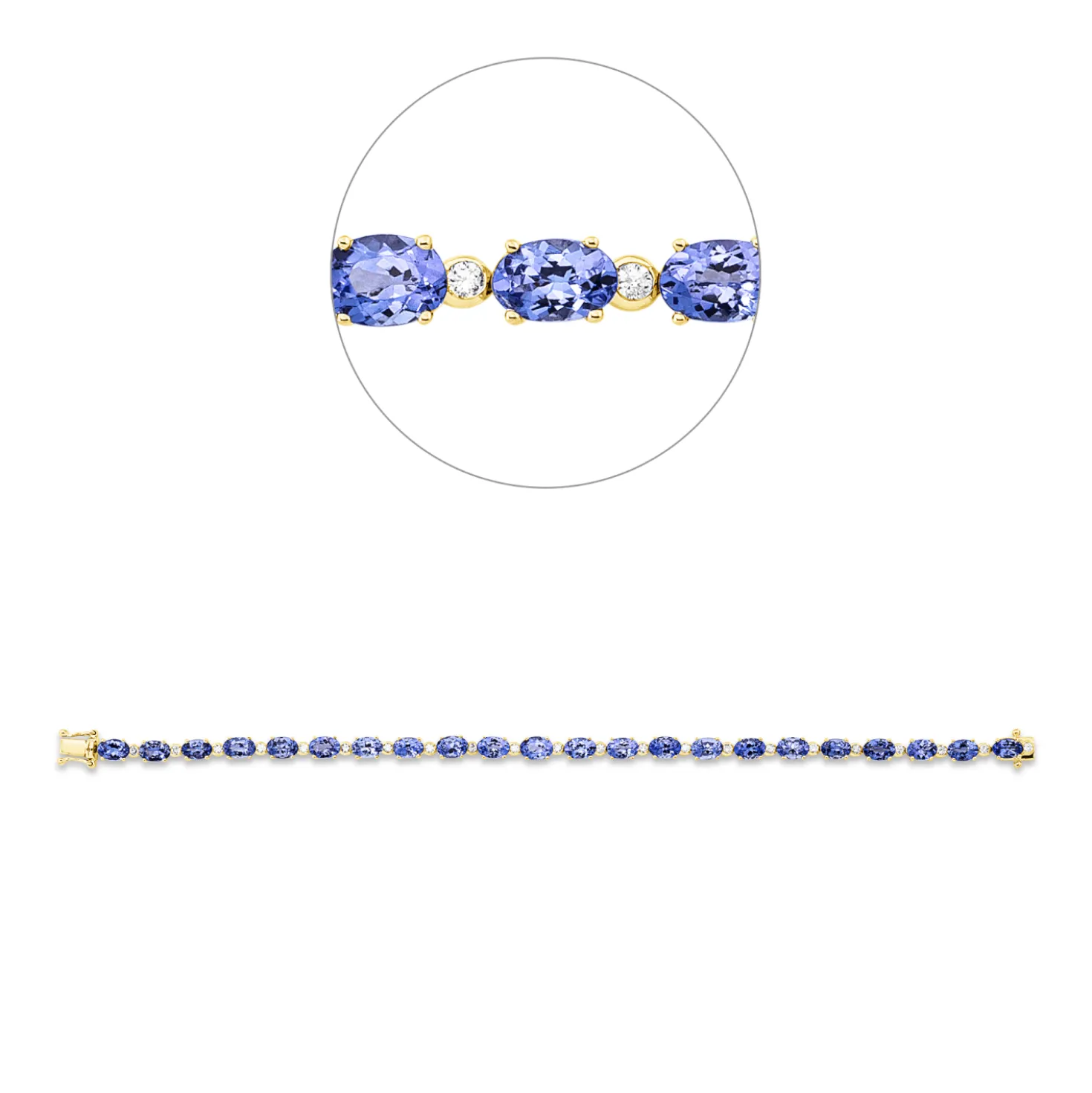 Armband aus 585 Gelbgold 22 Tansanite 10,7ct blau 22 Brillanten 0,48ct TW-SI