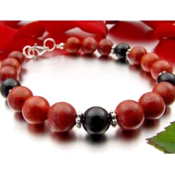 Armband aus Koralle Schaumkoralle & Onyx & 925er Silber, rot schwarz