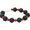Armband aus Lava & Koralle schwarz-rot 925 Silber 21cm Armkette Kugelarmband