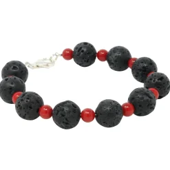 Armband aus Lava & Koralle schwarz-rot 925 Silber 21cm Armkette Kugelarmband