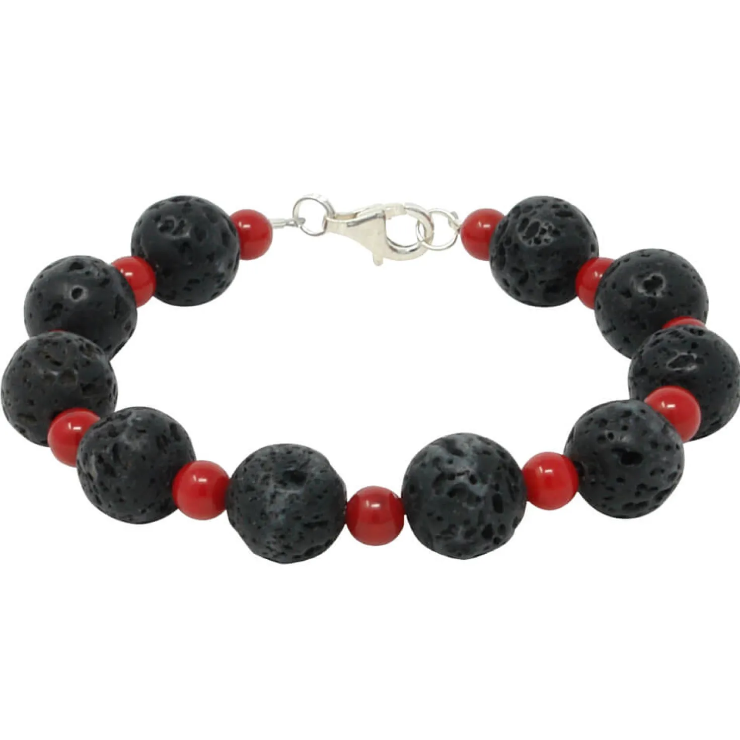 Armband aus Lava & Koralle schwarz-rot 925 Silber 21cm Armkette Kugelarmband