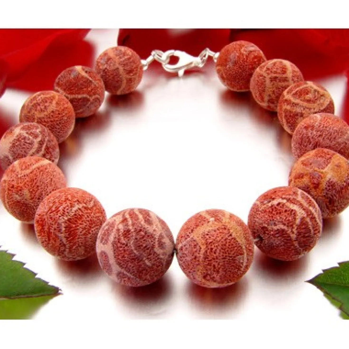Armband aus Natur-Koralle 14mm Kugel mit Poren 925 Silber rot-orange Armschmuck