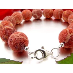 Armband aus Natur-Koralle 14mm Kugel mit Poren 925 Silber rot-orange Armschmuck