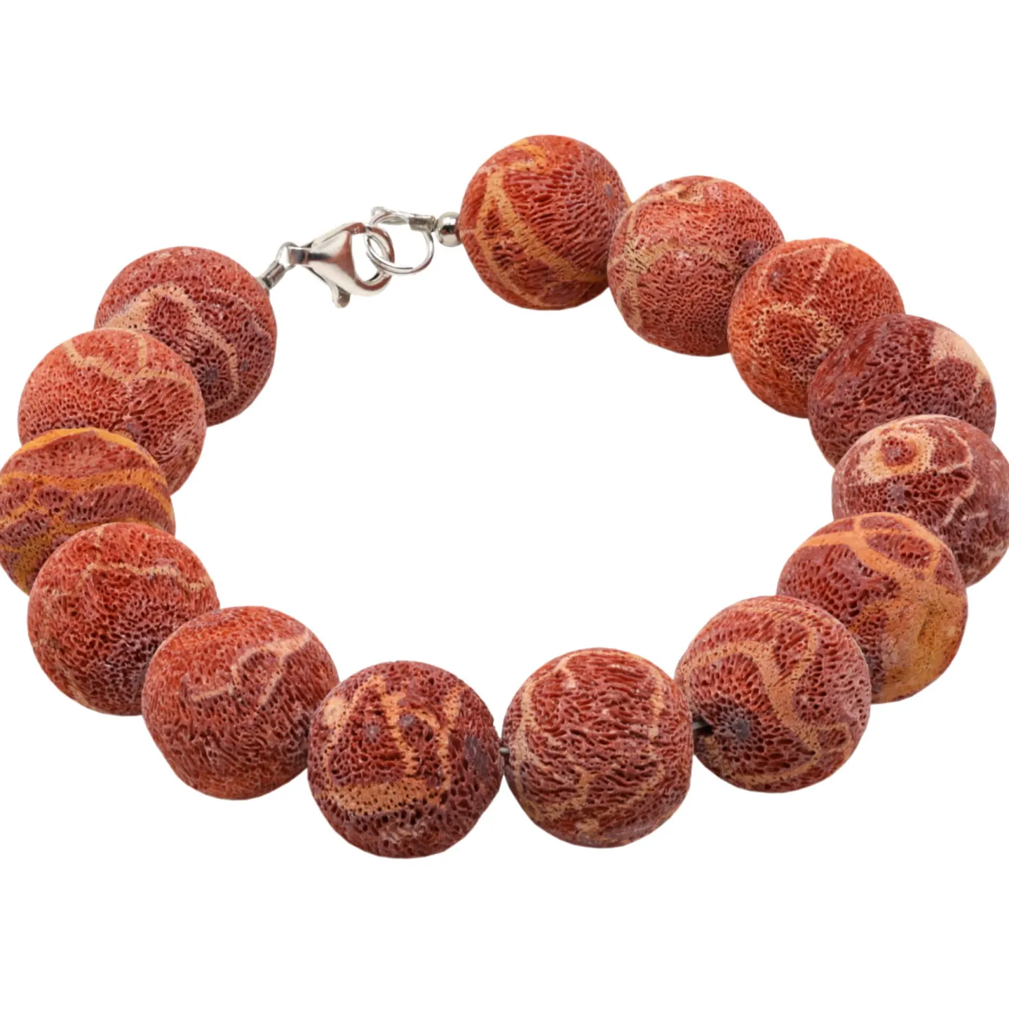 Armband aus Natur-Koralle 14mm Kugel mit Poren 925 Silber rot-orange Armschmuck