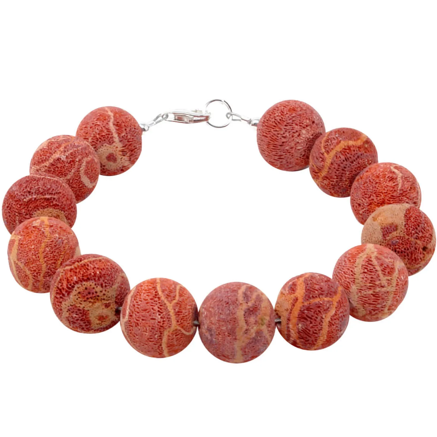Armband aus Natur-Koralle 14mm Kugel mit Poren 925 Silber rot-orange Armschmuck