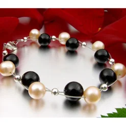 Armband aus Perlen Süßwasserperlen & Onyx rose schwarz Armkette Armschmuck Damen