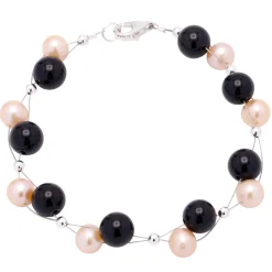 Armband aus Perlen Süßwasserperlen & Onyx rose schwarz Armkette Armschmuck Damen