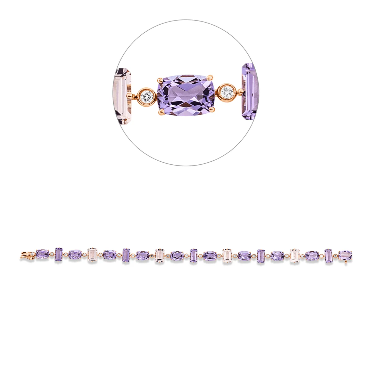 Armband aus 750 Rotgold 19 Amethyste 15,1ct lila 19 Brillanten 0,33ct TW-SI