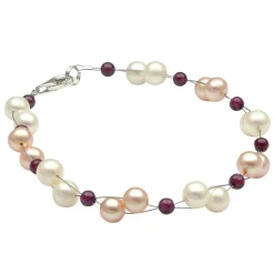 Armband aus Süßwasser-Perlen & Granat & 925 Silber dunkelrot rose-weiß Armschmuck