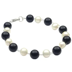 Armband aus Süßwasser Zucht-Perlen creme weiß & Onyx schwarz 925 Silber 20cm