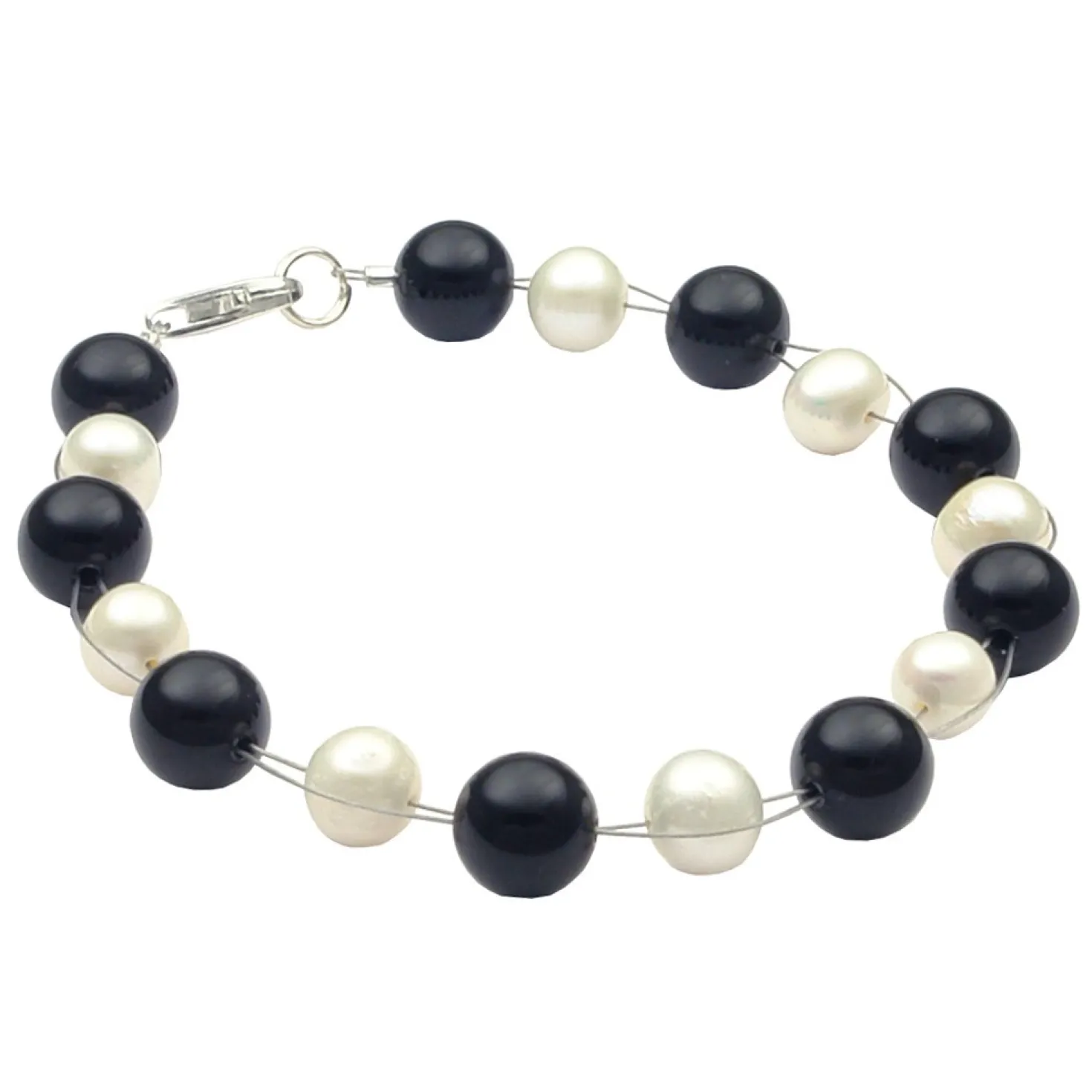 Armband aus Süßwasser Zucht-Perlen creme weiß & Onyx schwarz 925 Silber 20cm