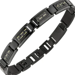 Armband, Edelstahl schwarz lackiert Carbon-Einlagen goldfarbene Striche, 21-22cm