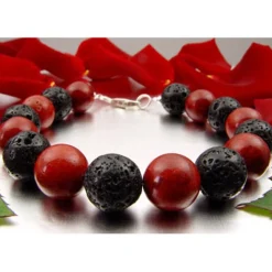 Armband Koralle Schaumkoralle & Lava & 925 Silber, Kugel rot-schwarz Armschmuck
